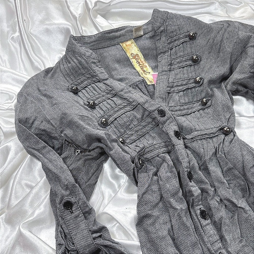 y2k military Tunic Top Grey Fair Spoiled Button Down Empire Waist Roll Tab XL